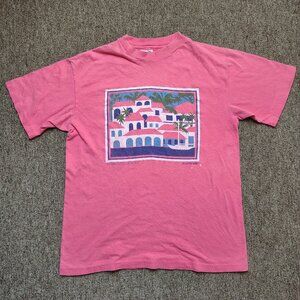 Vintage ISLAND INFLUENCES Painting T-Shirt Men M Pink Single Stitch Lisa Etre 87